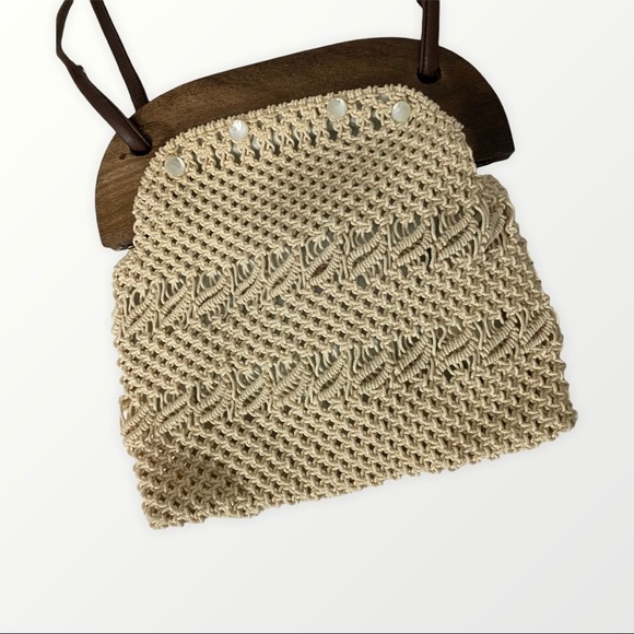 Macrame Shoulder Bag Cream Brown Leather Straps - Picture 2 of 4
